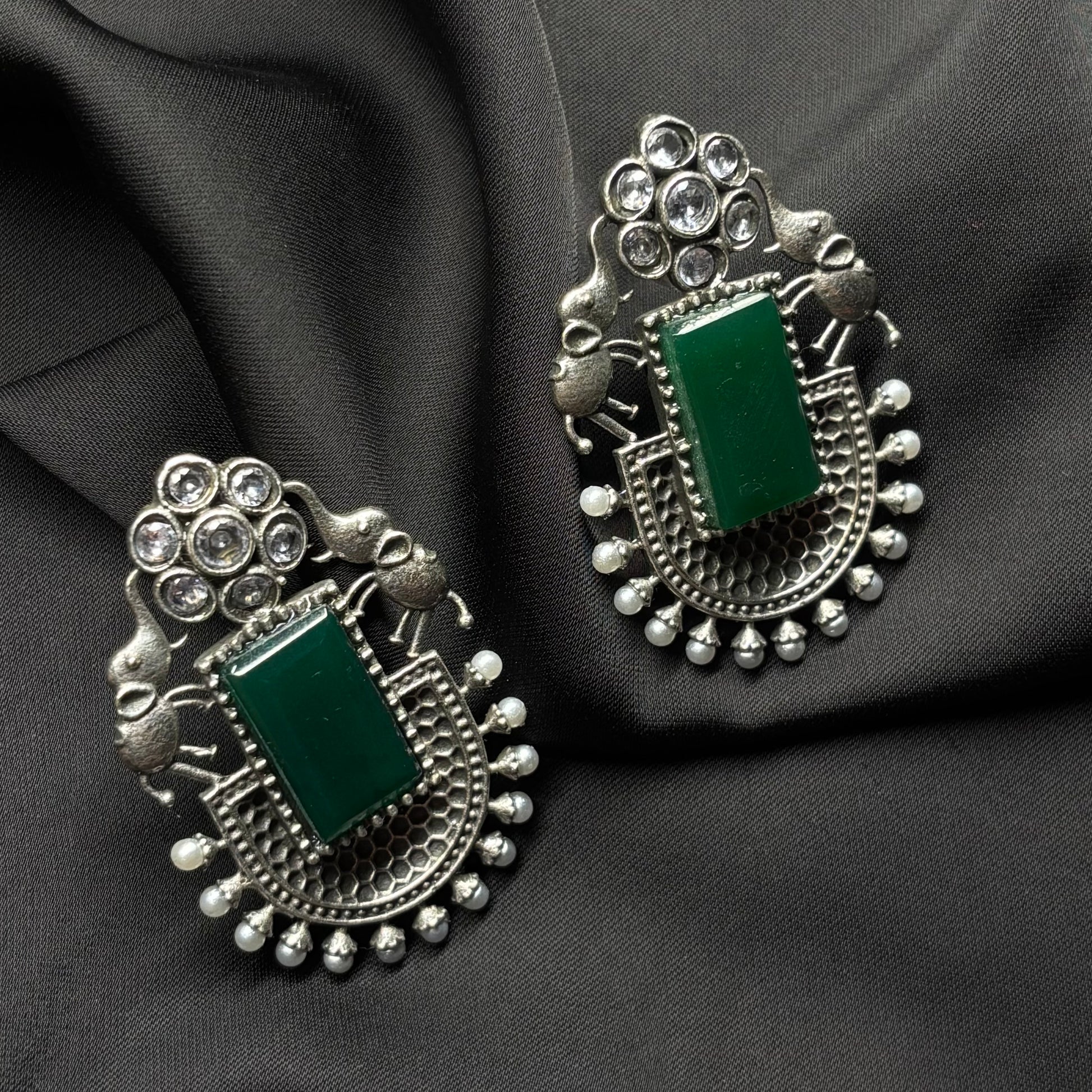 Oxidised German Silver Earrings with Dark Green Stone & Elephant Motif