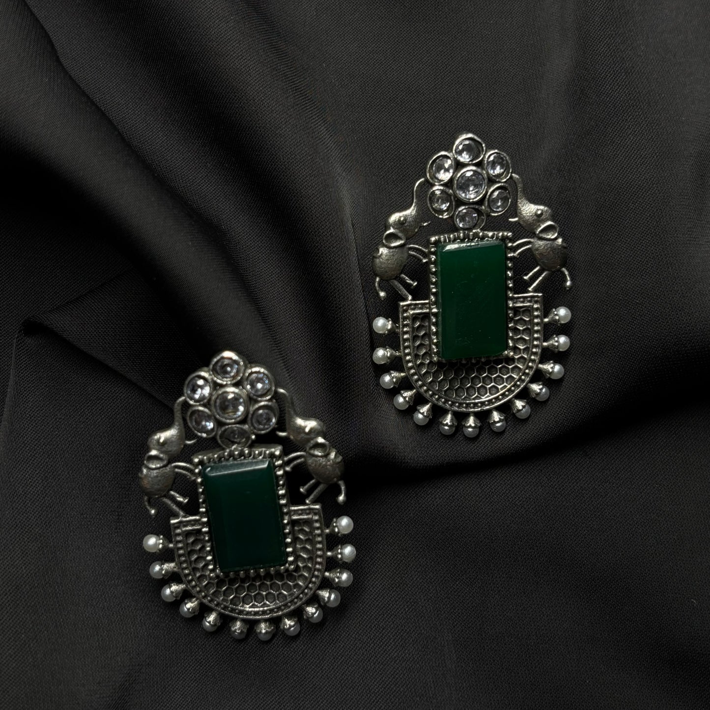 Oxidised German Silver Earrings with Dark Green Stone & Elephant Motif