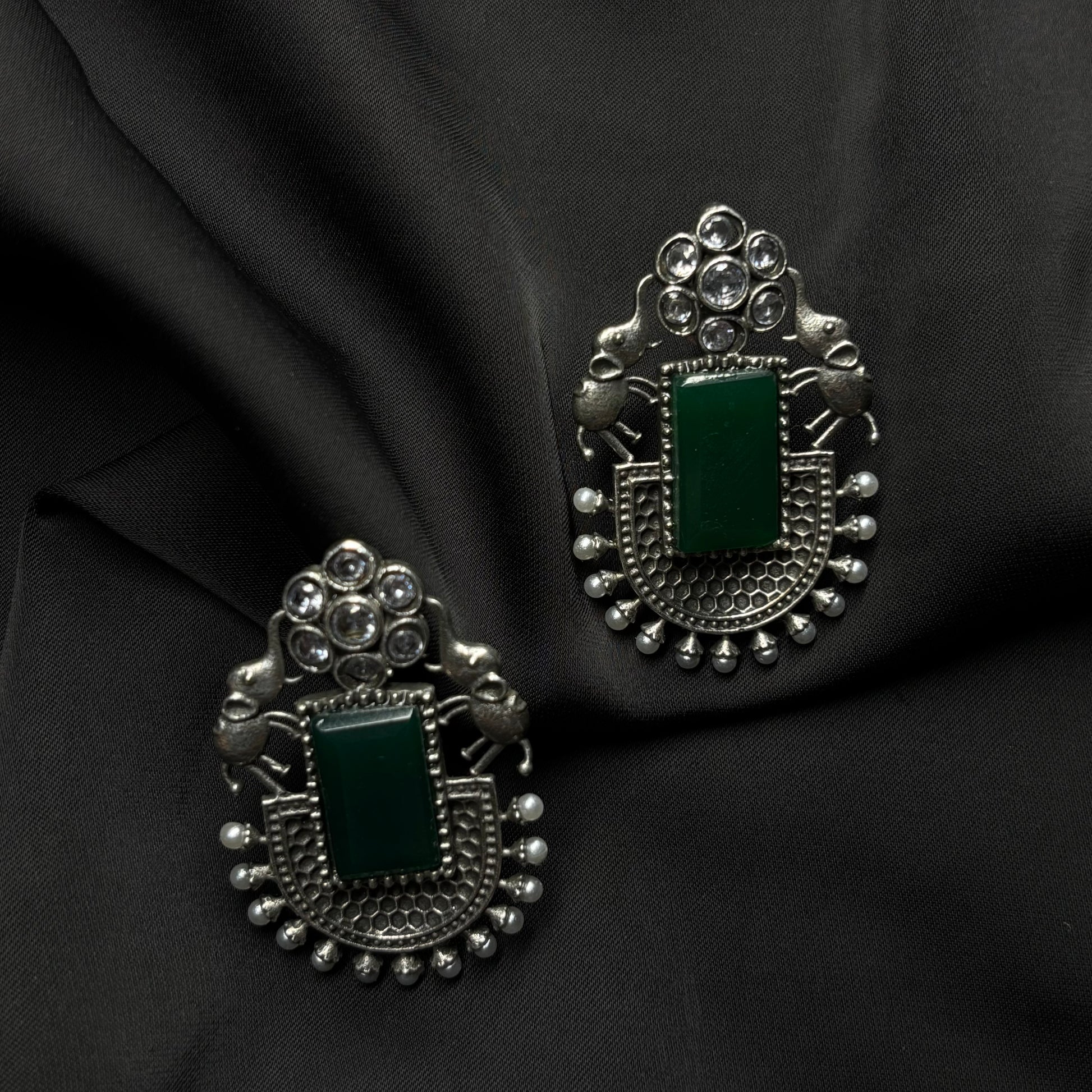 Oxidised German Silver Earrings with Dark Green Stone & Elephant Motif