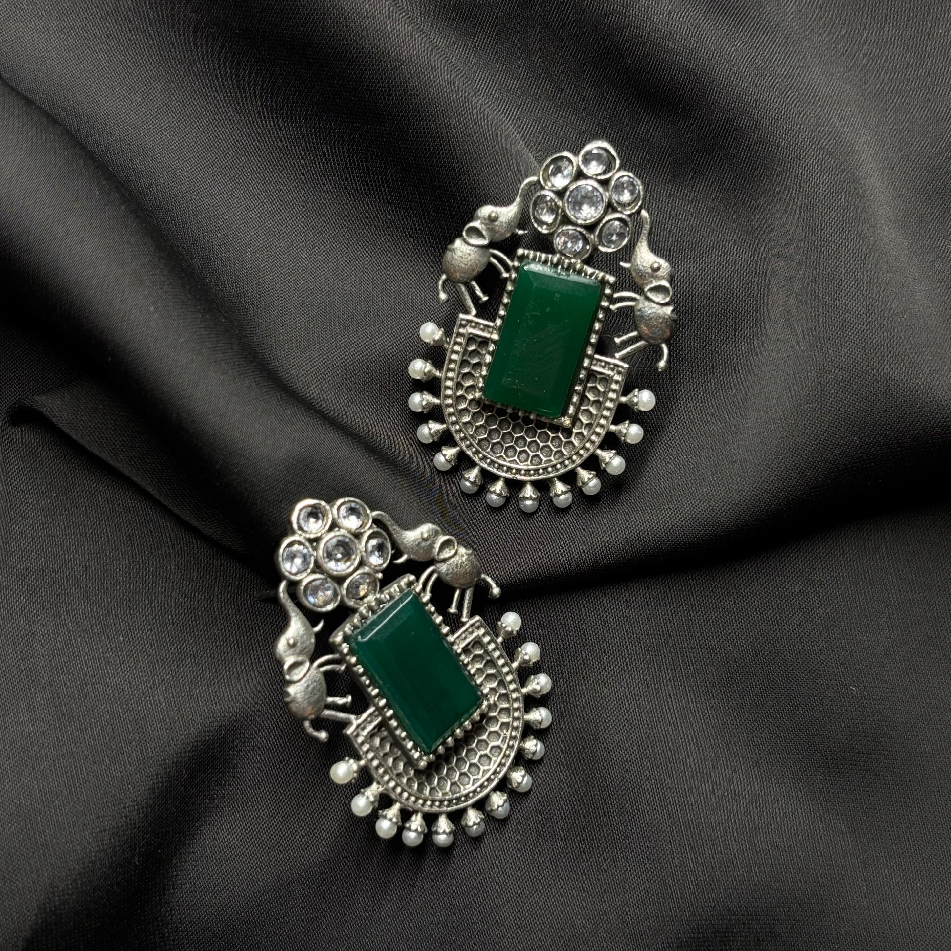 Oxidised German Silver Earrings with Dark Green Stone & Elephant Motif