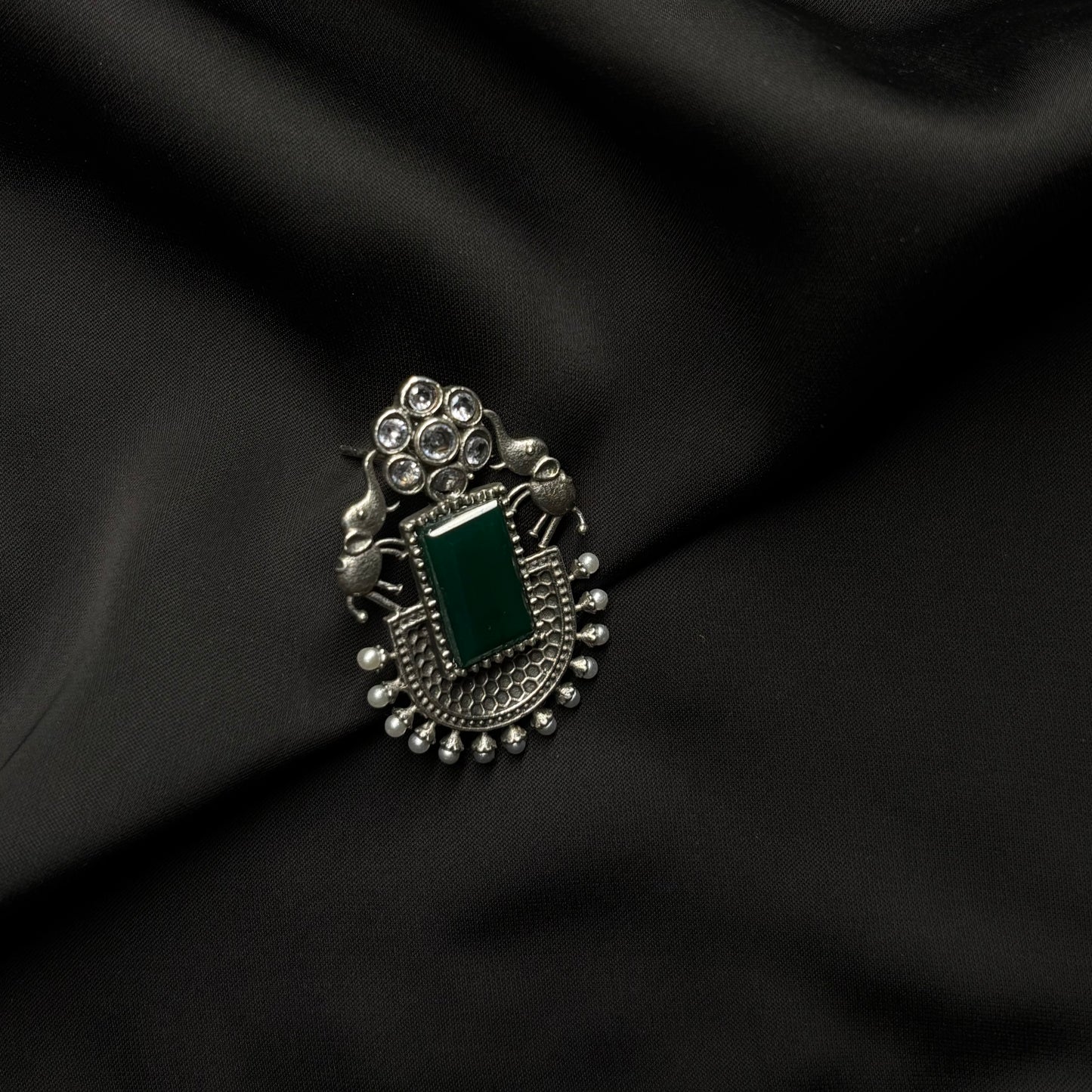 Oxidised German Silver Earrings with Dark Green Stone & Elephant Motif