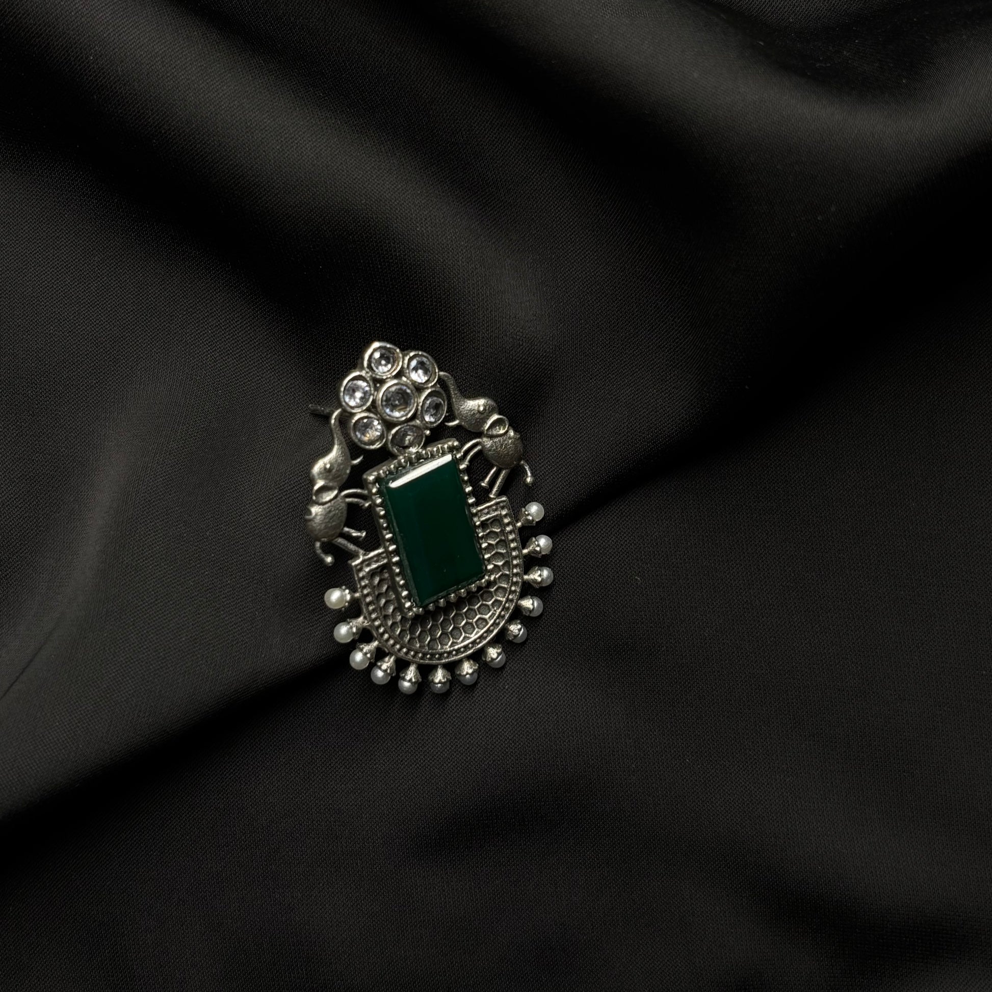 Oxidised German Silver Earrings with Dark Green Stone & Elephant Motif
