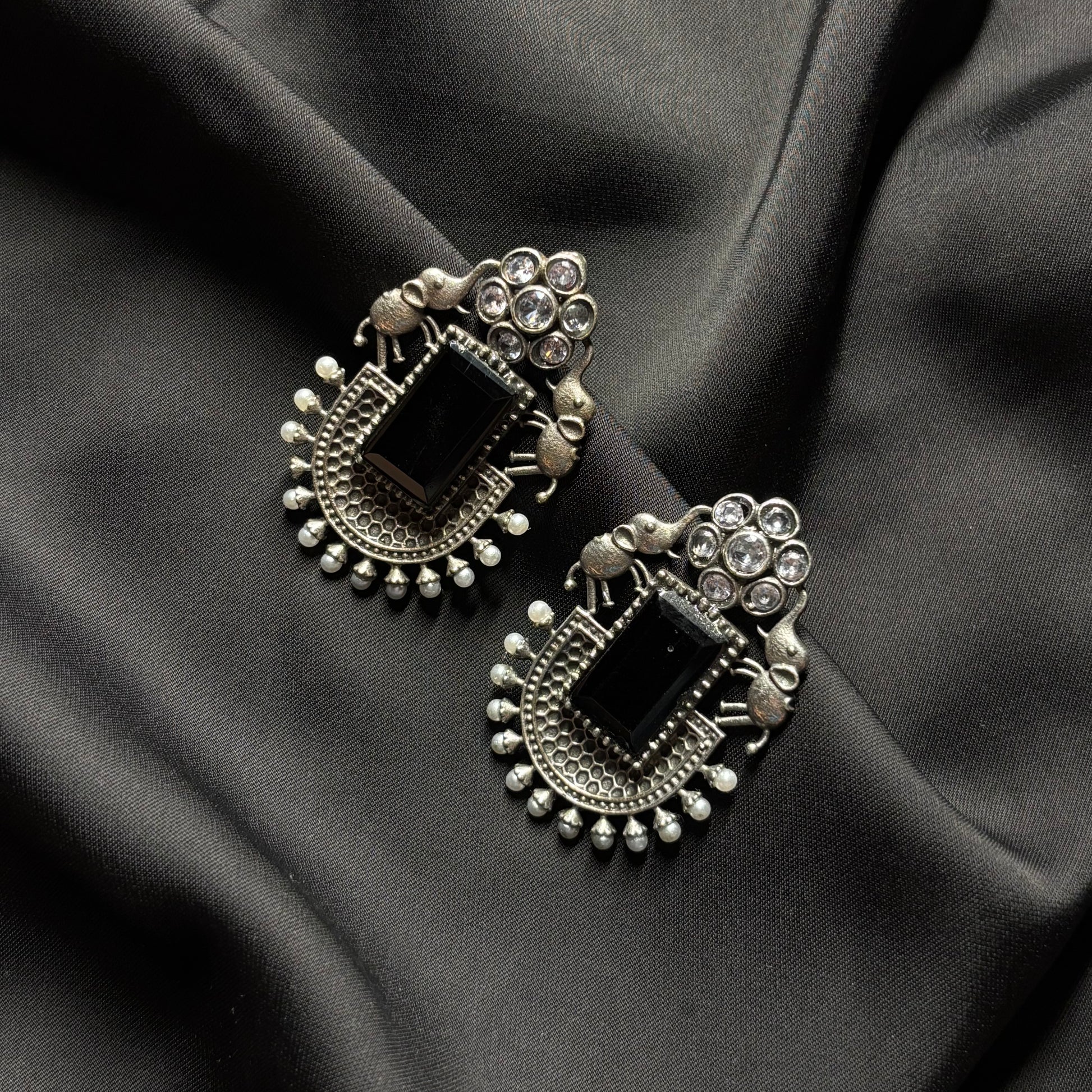 Oxidised German Silver Earrings with Black Stone & Elephant Motif