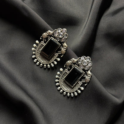 Oxidised German Silver Earrings with Black Stone & Elephant Motif