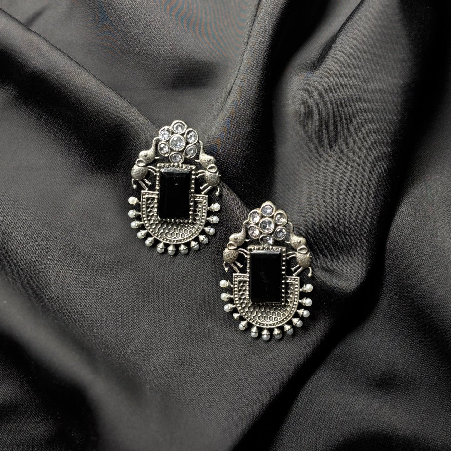 Oxidised German Silver Earrings with Black Stone & Elephant Motif