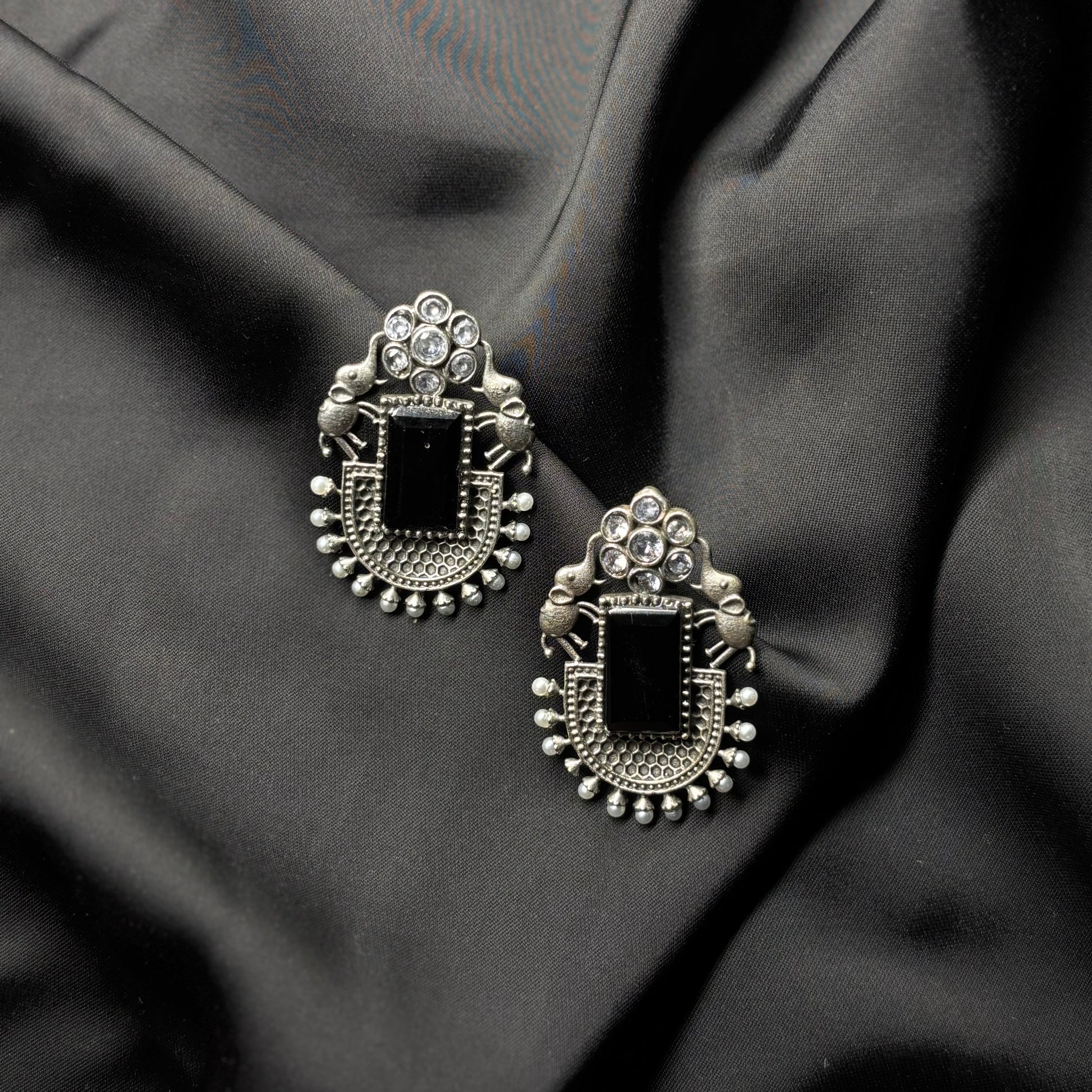 Oxidised German Silver Earrings with Black Stone & Elephant Motif