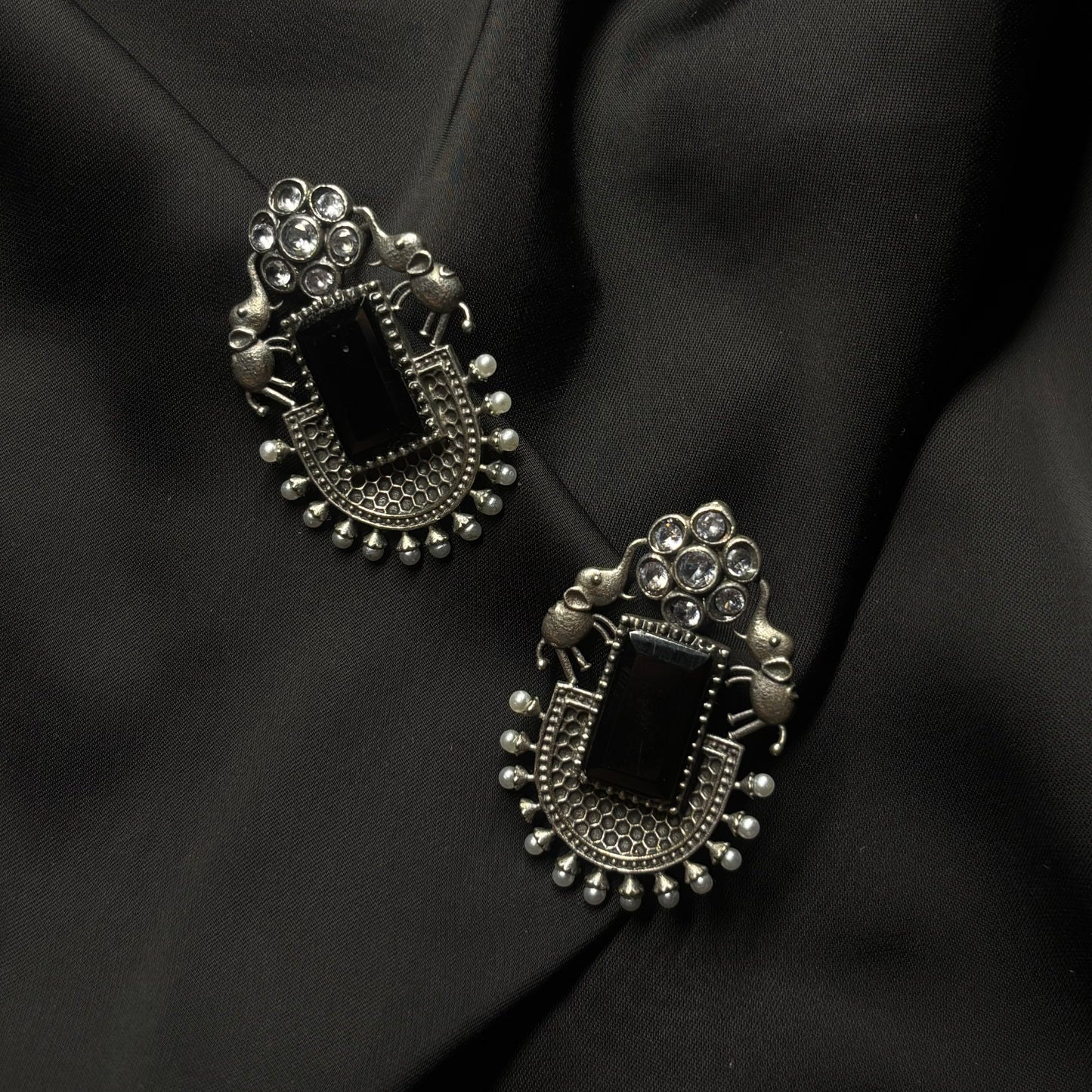 Oxidised German Silver Earrings with Black Stone & Elephant Motif