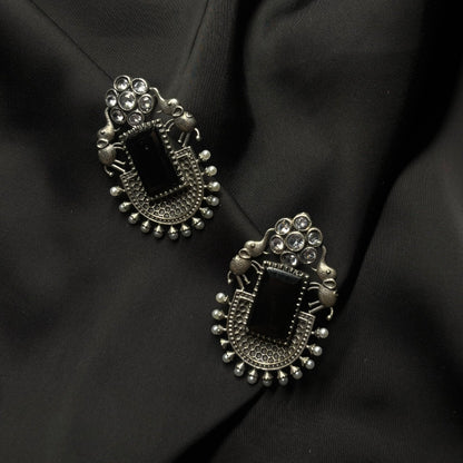 Oxidised German Silver Earrings with Black Stone & Elephant Motif