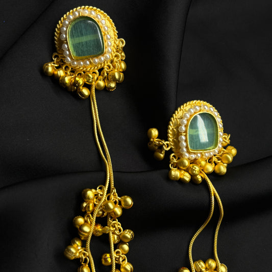 Kashmiri Ghungru Earrings with Green Stone & Pearl Detailing – Traditional Ethnic Wear