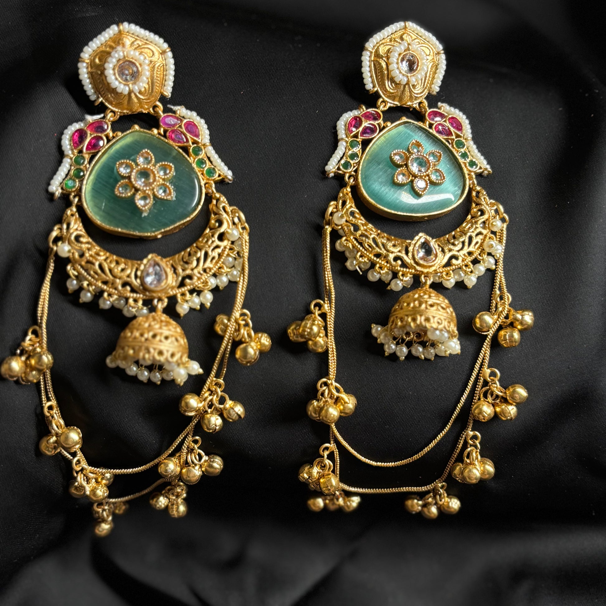Kashmiri Gold Premium Brass Jhumka Sea Green