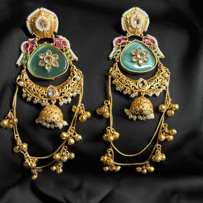Kashmiri Gold Premium Brass Jhumka Sea Green