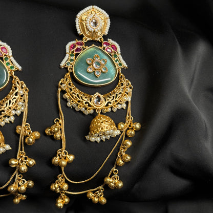 Kashmiri Gold Premium Brass Jhumka Sea Green