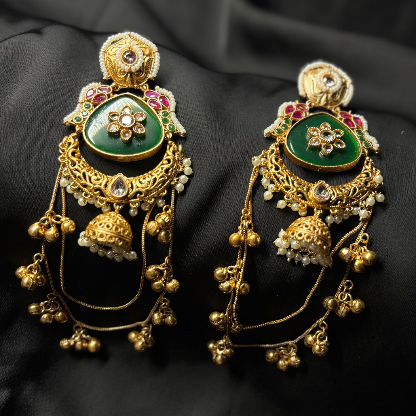 Kashmiri Gold Premium Brass Jhumka Emerald Green