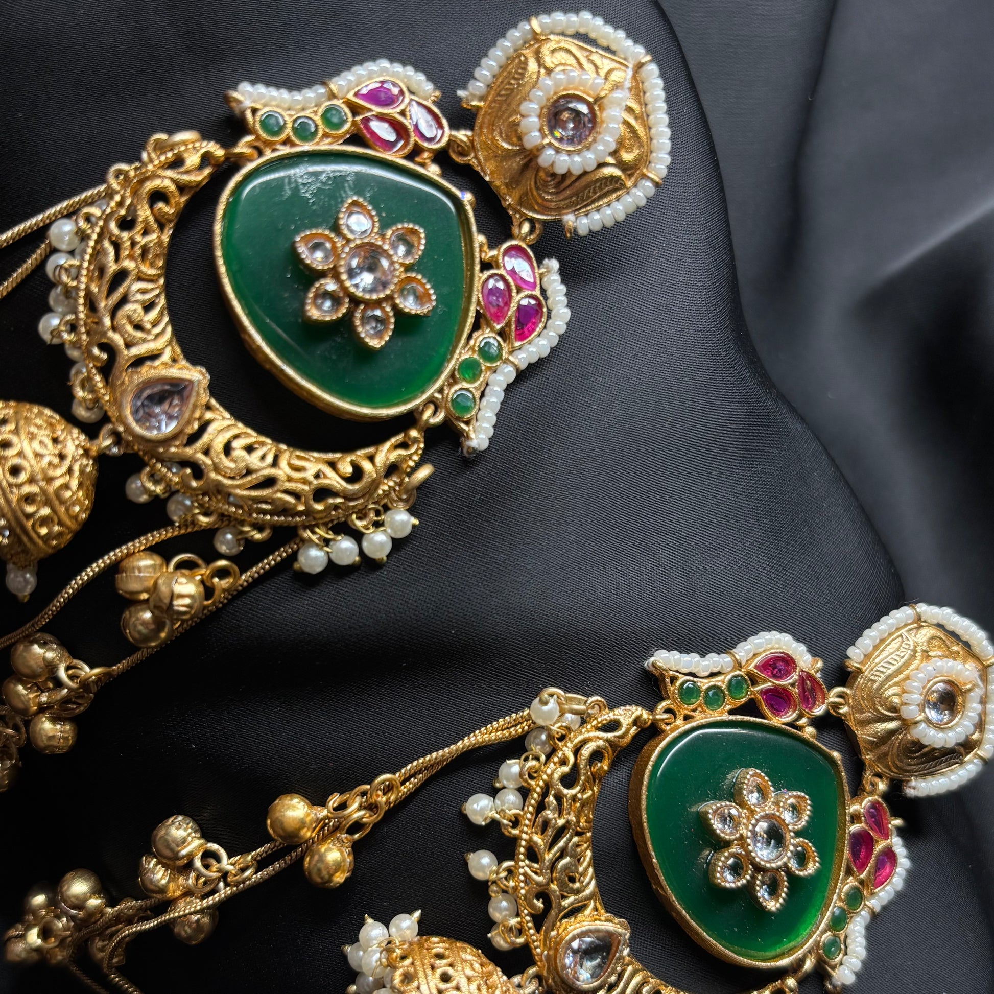 Kashmiri Gold Premium Brass Jhumka Emerald Green