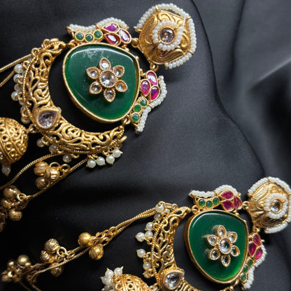 Kashmiri Gold Premium Brass Jhumka Emerald Green