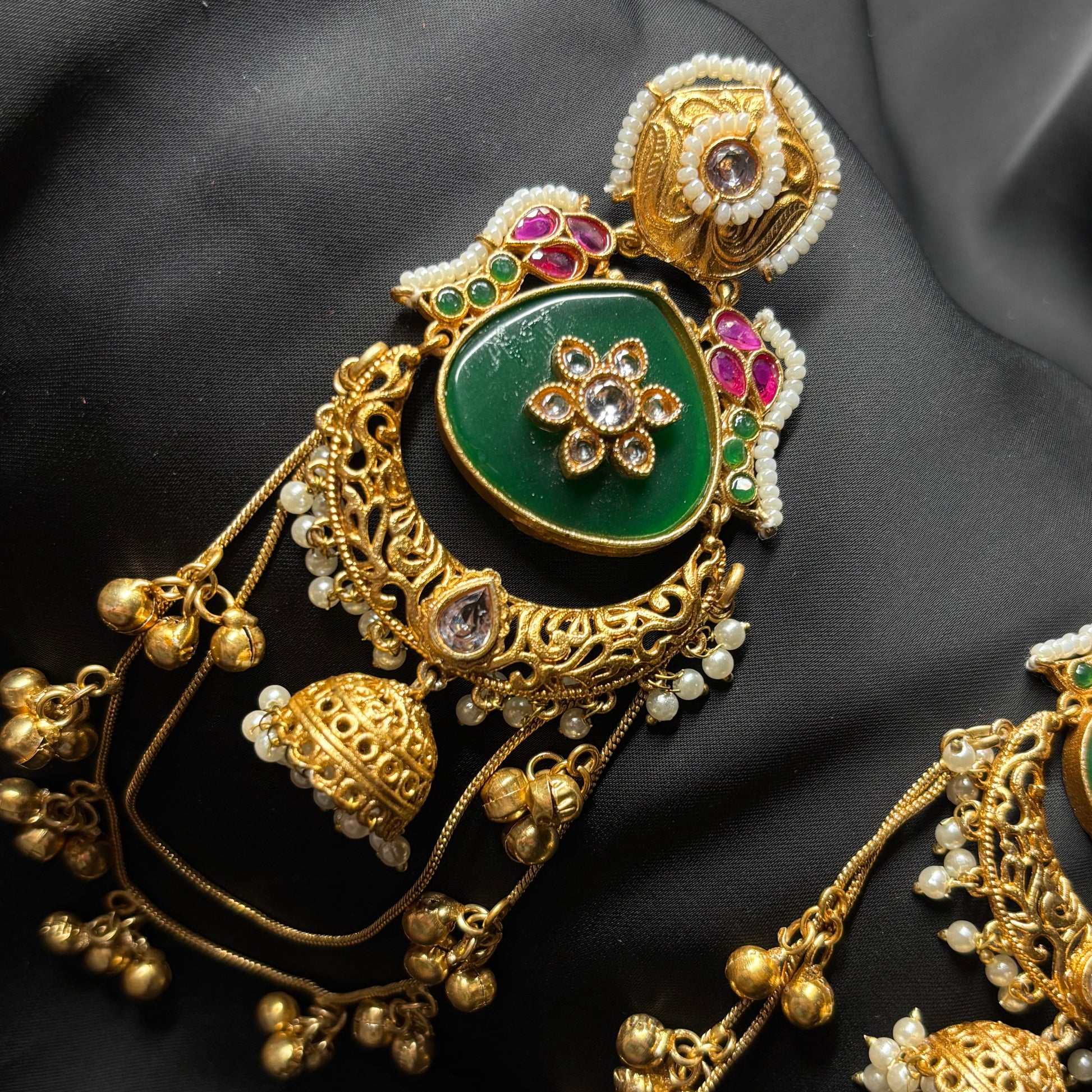 Kashmiri Gold Premium Brass Jhumka Emerald Green