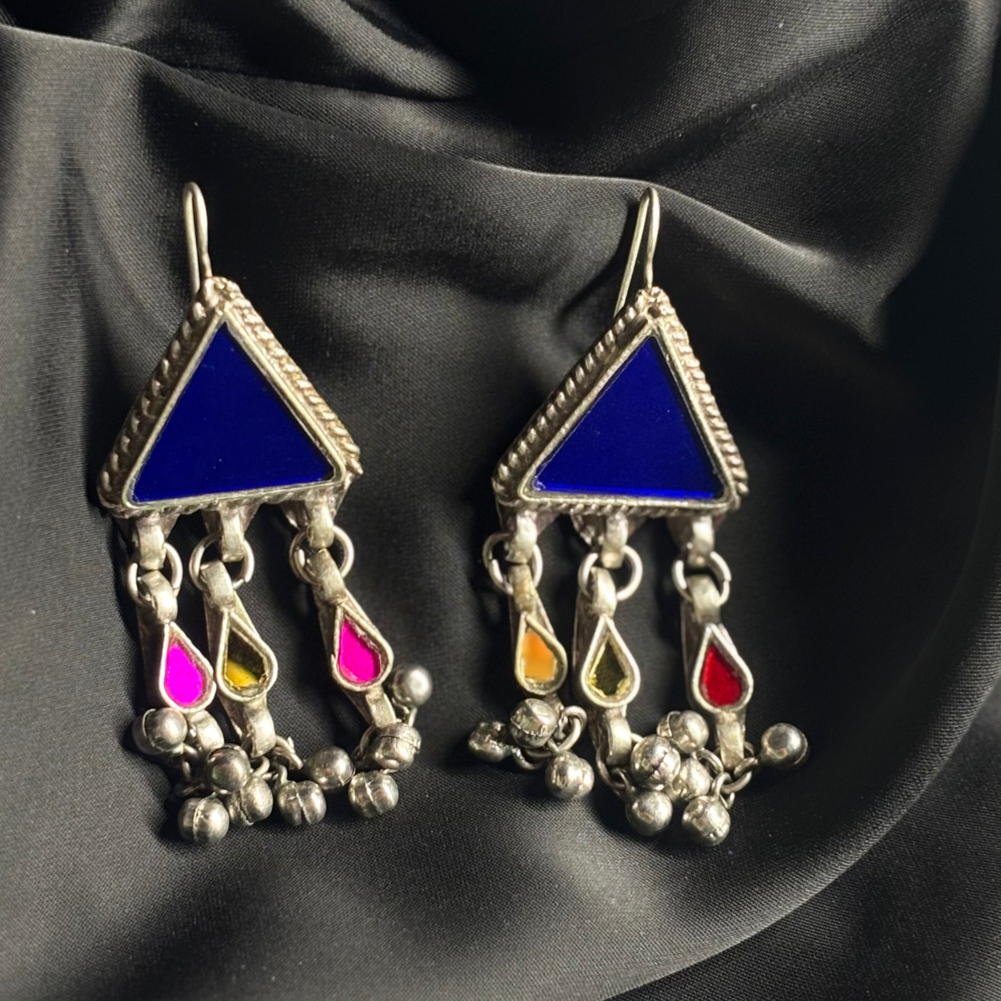 Tribal Oxidised Silver Triangle Dangler Earrings – Multi-Color Mirror Work