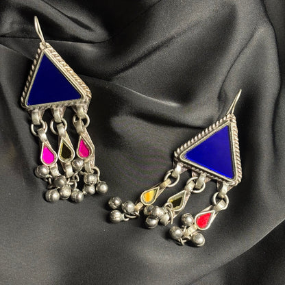 Tribal Oxidised Silver Triangle Dangler Earrings – Multi-Color Mirror Work