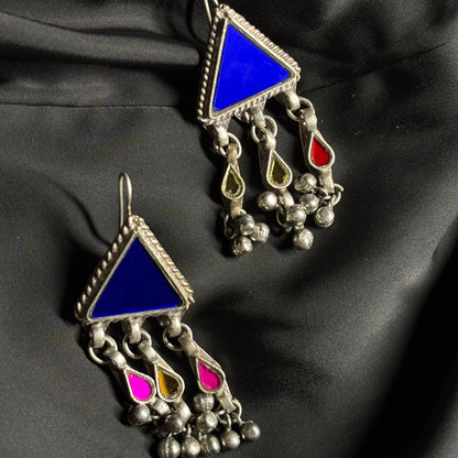 Tribal Oxidised Silver Triangle Dangler Earrings – Multi-Color Mirror Work