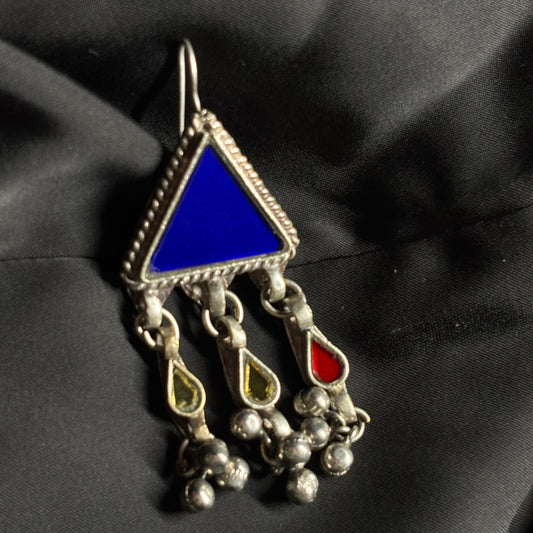 Tribal Oxidised Silver Triangle Dangler Earrings – Multi-Color Mirror Work