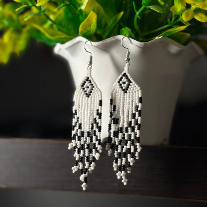 Handcrafted Jaco Beaded Earrings – Boho Tribal Fringe Style Black White Mix