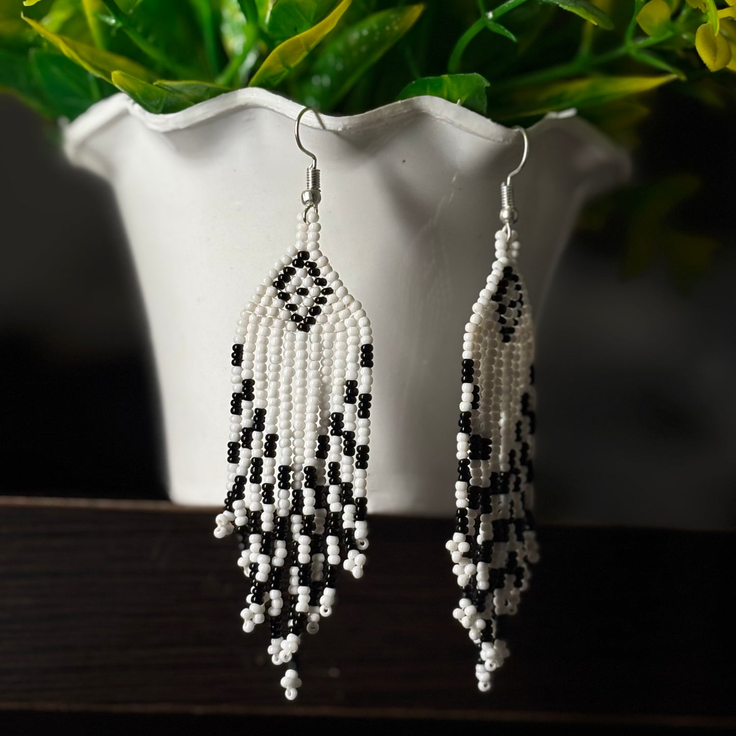 Handcrafted Jaco Beaded Earrings – Boho Tribal Fringe Style Black White Mix