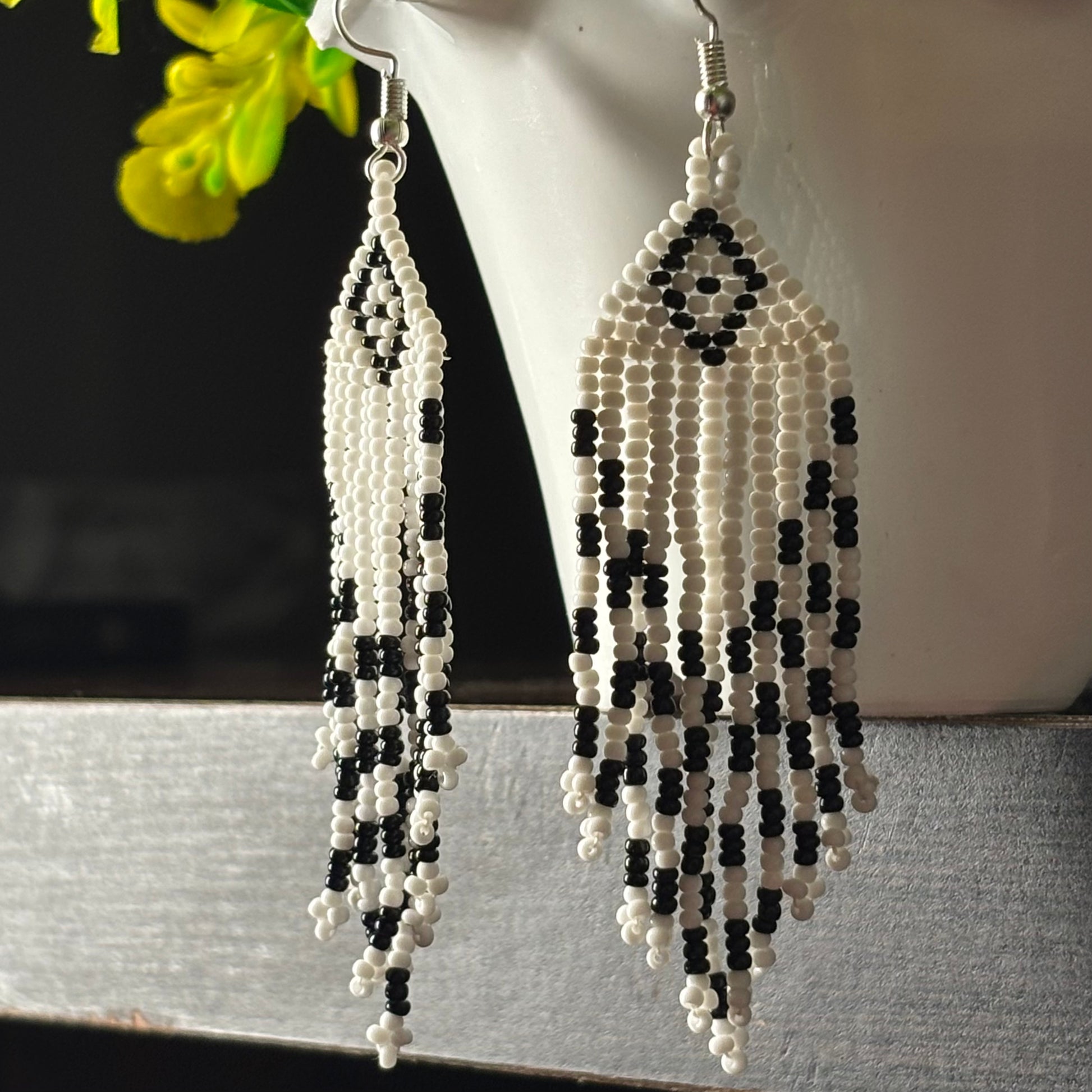 Handcrafted Jaco Beaded Earrings – Boho Tribal Fringe Style Black White Mix