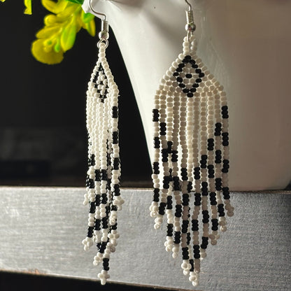 Handcrafted Jaco Beaded Earrings – Boho Tribal Fringe Style Black White Mix