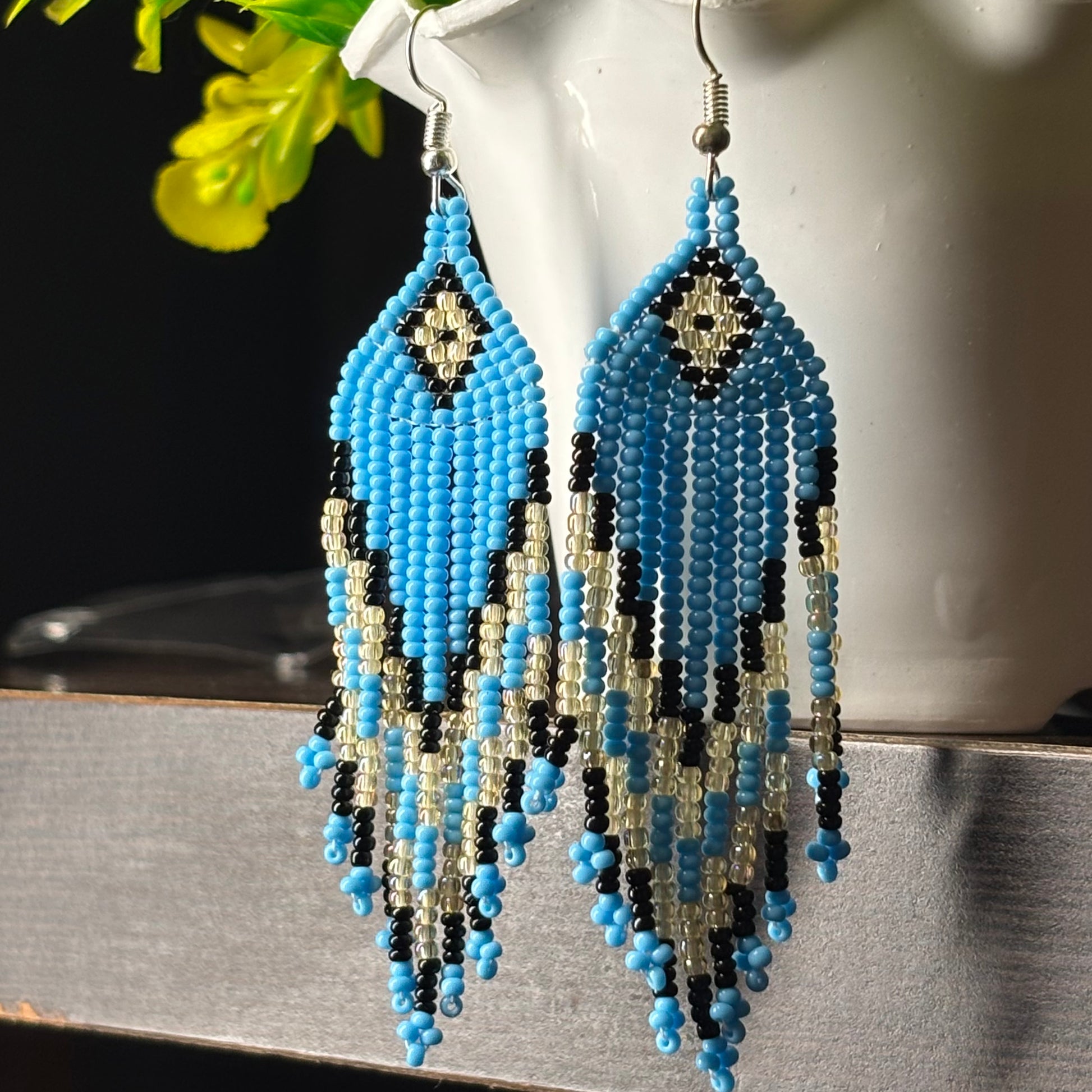 Handcrafted Jaco Beaded Earrings – Boho Tribal Fringe Style Sky Blue