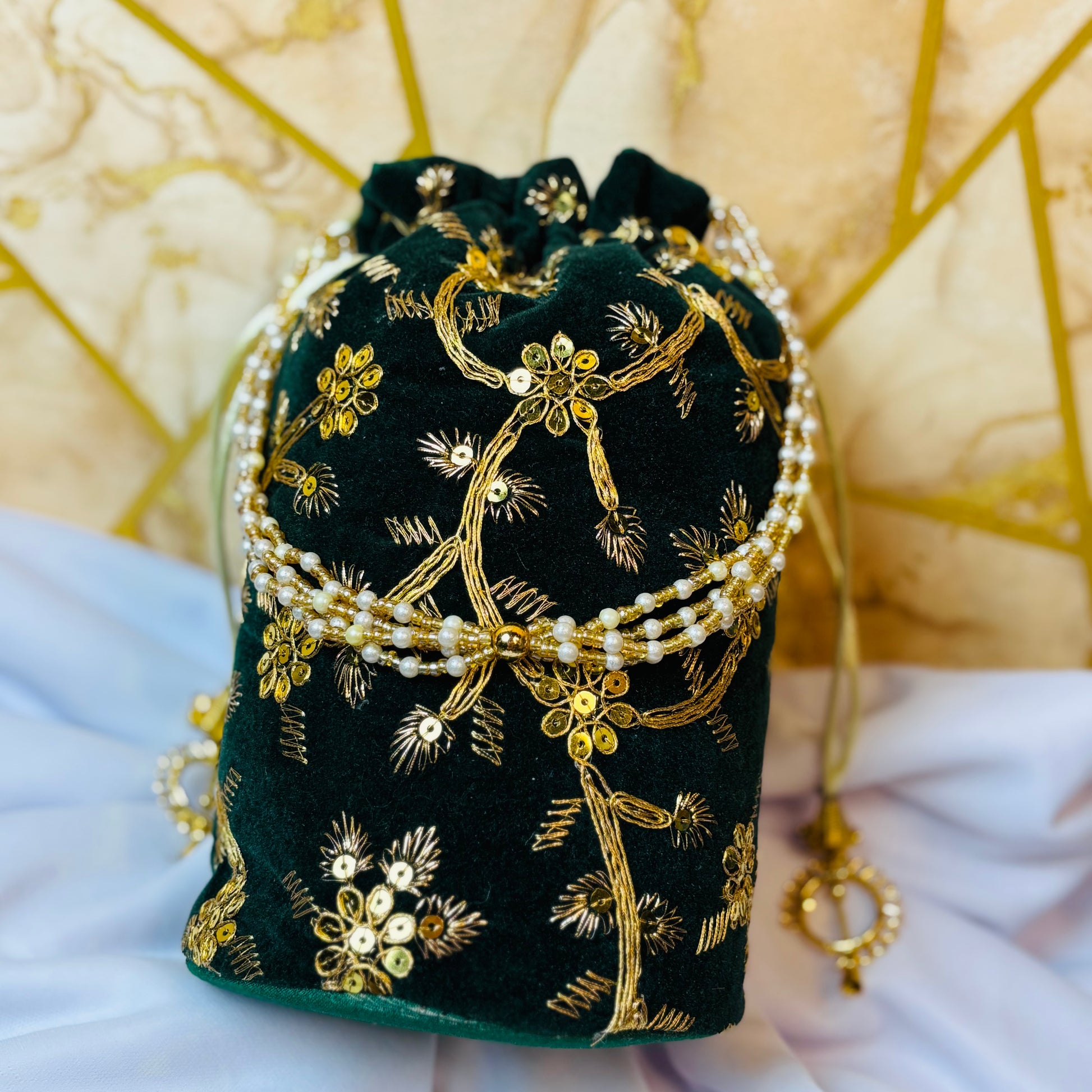 Royal Green Velvet Potli with Pearl Handle