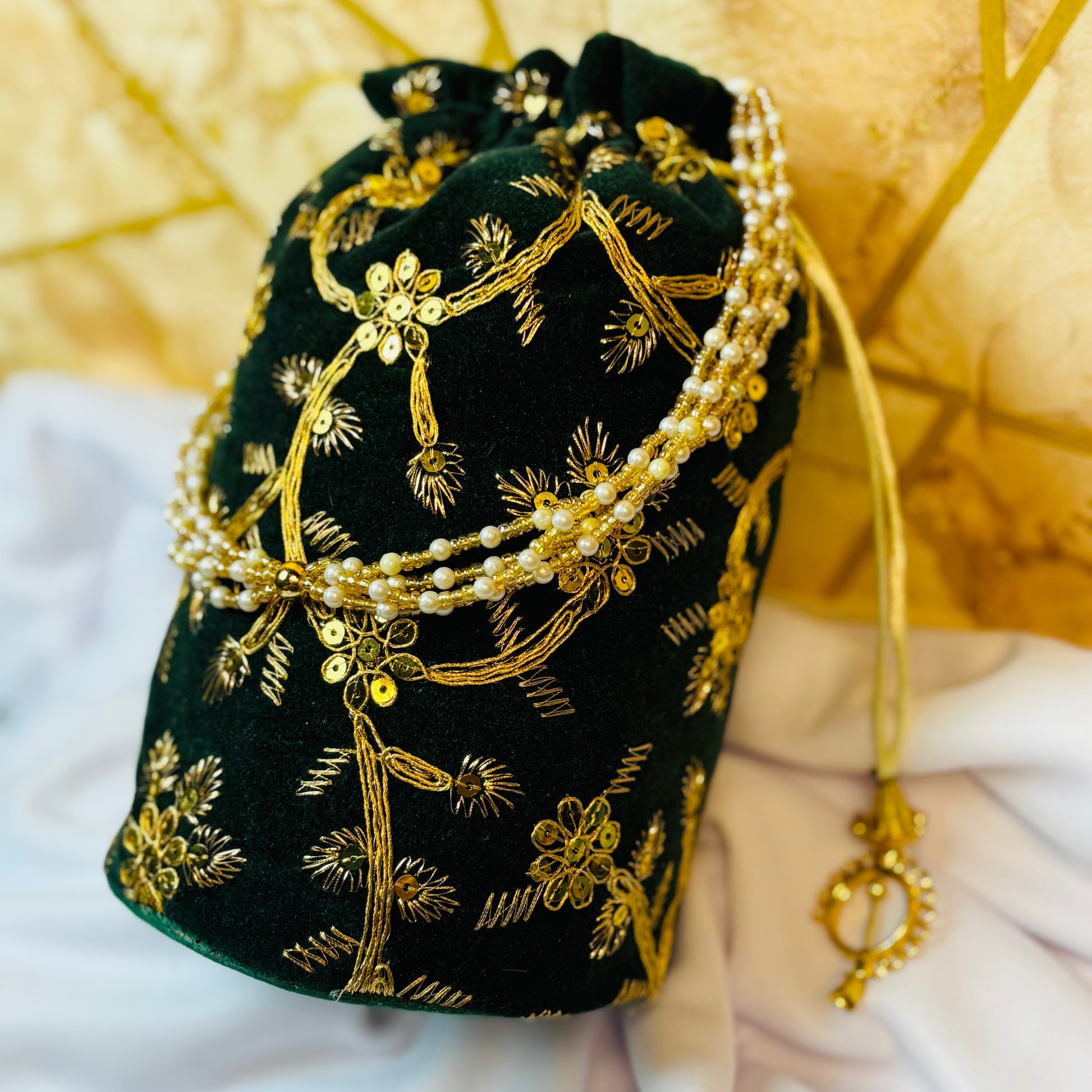 Royal Green Velvet Potli with Pearl Handle