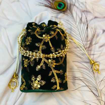 Royal Green Velvet Potli with Pearl Handle