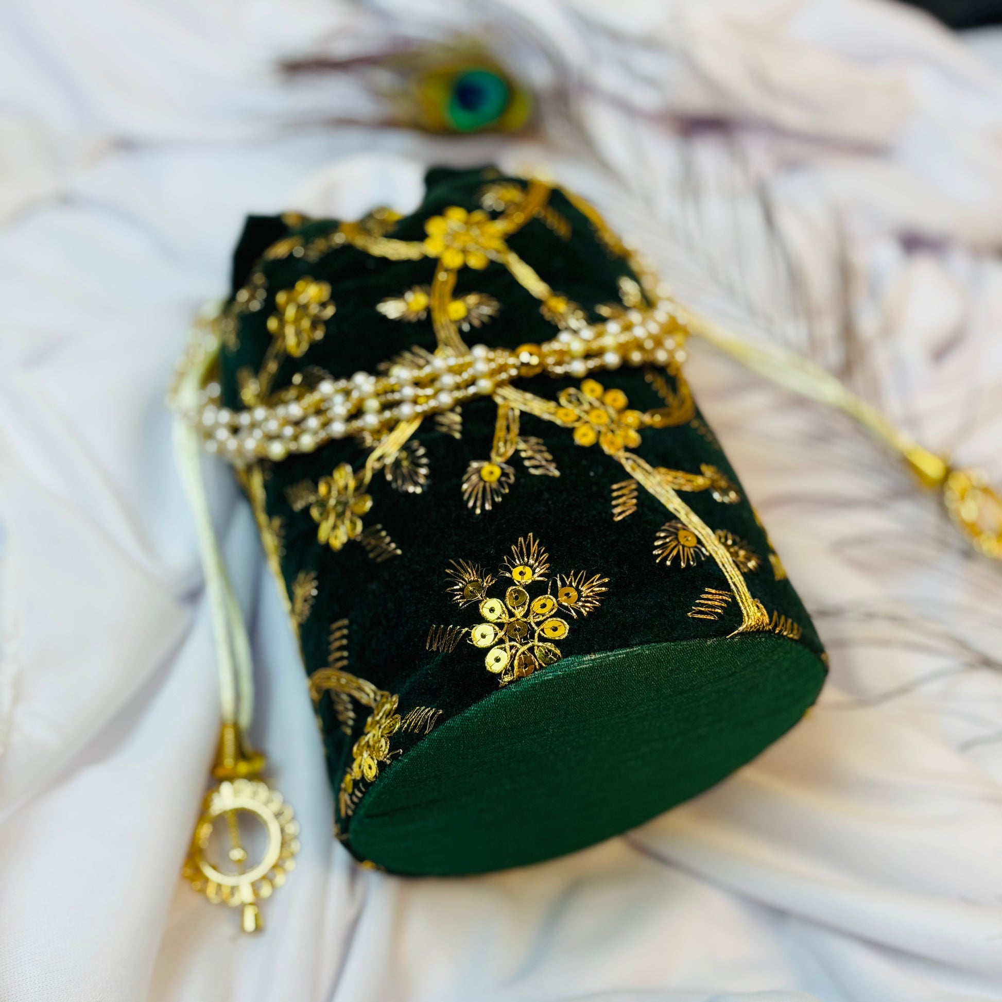Royal Green Velvet Potli with Pearl Handle