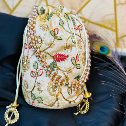 Ivory Zari Embroidered Potli with Multicolor Floral Work & Pearl Handle