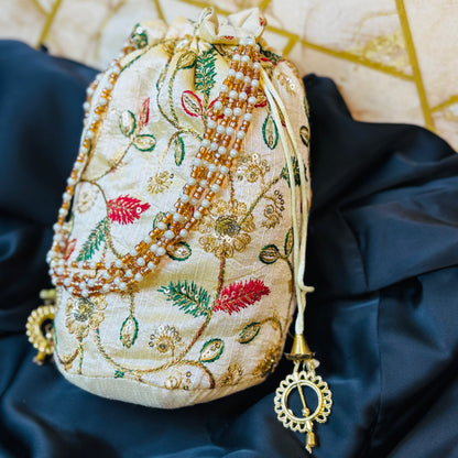 Ivory Zari Embroidered Potli with Multicolor Floral Work & Pearl Handle