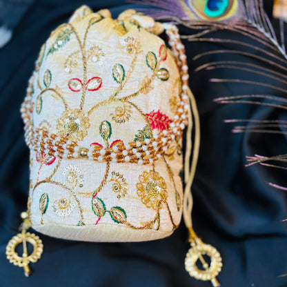 Ivory Zari Embroidered Potli with Multicolor Floral Work & Pearl Handle