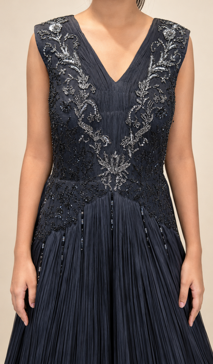 Black Embellished V‑Neck Pleated Gown