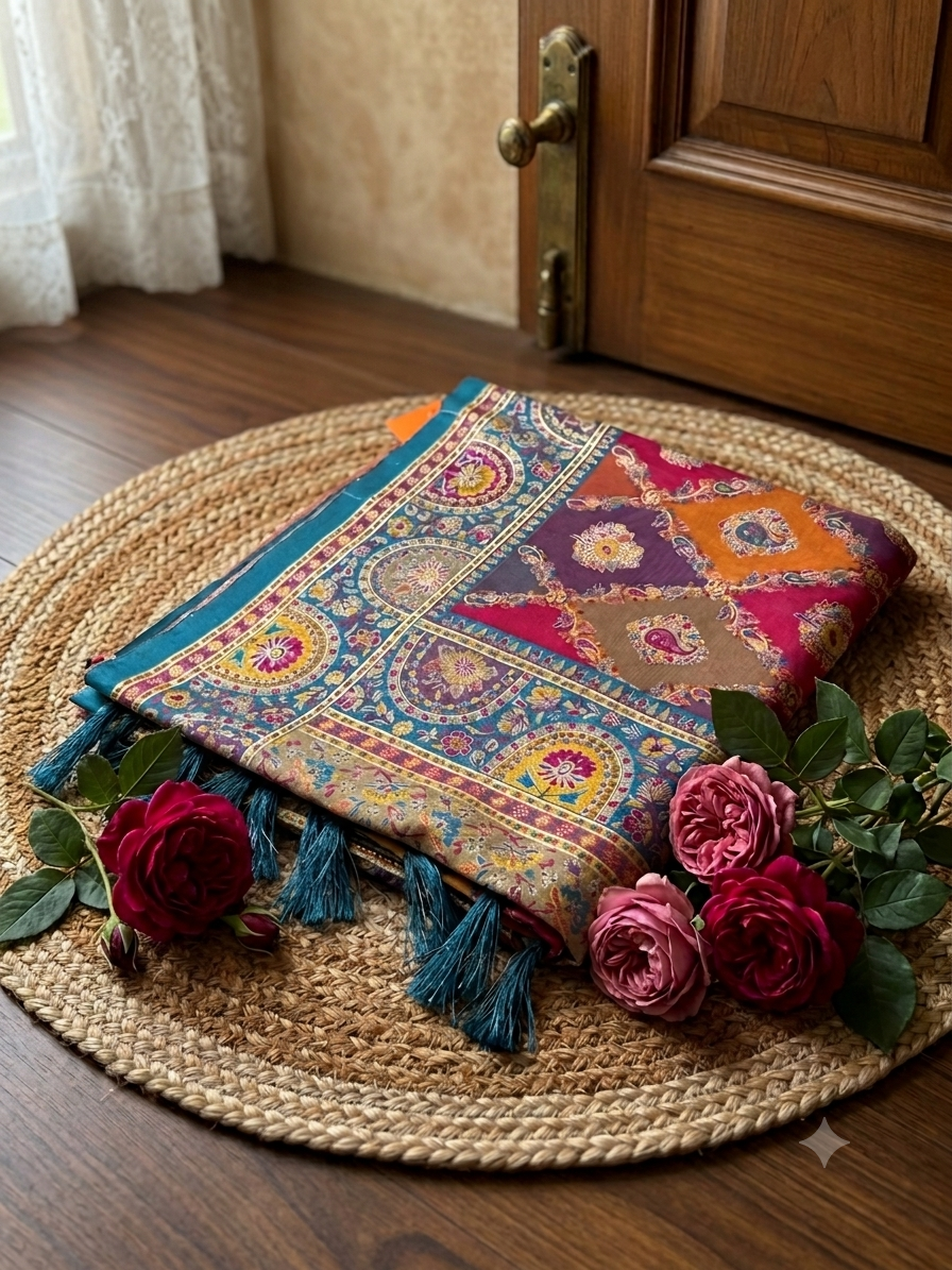 Luxurious Fuchsia Jamawar-Style Silk Saree with Tassels