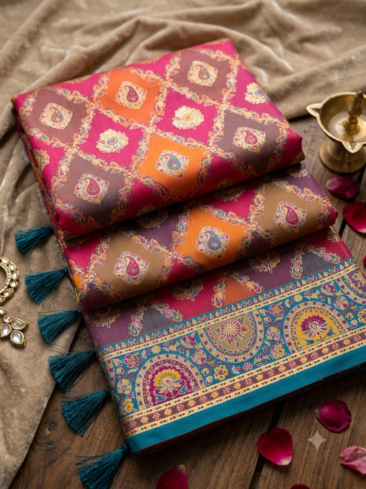 Luxurious Fuchsia Jamawar-Style Silk Saree with Tassels