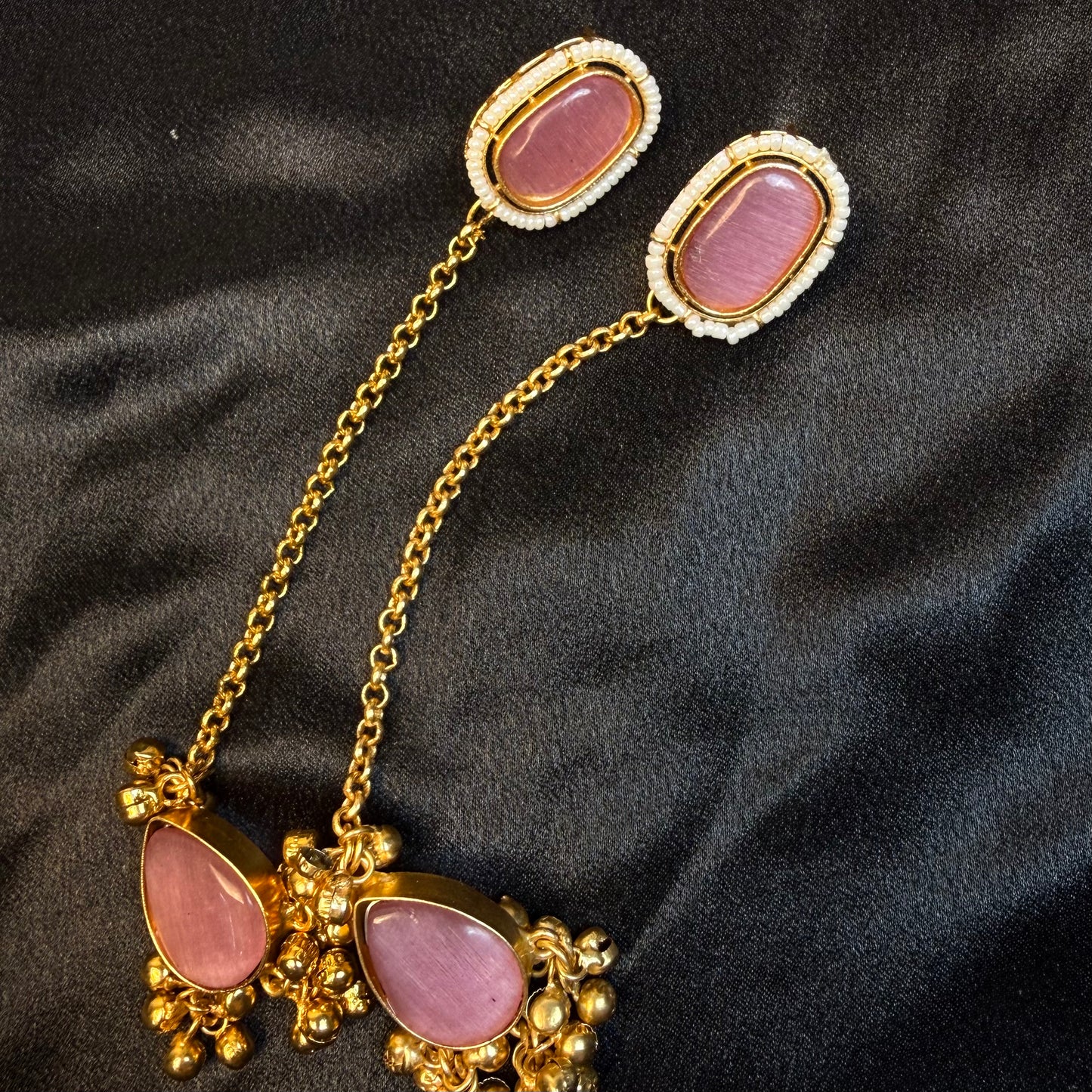 Premium Kashmiri Gold-Plated Chain Jhumka Earring Pink