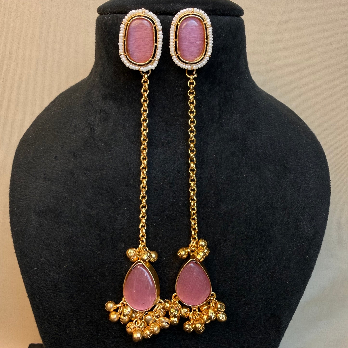 Premium Kashmiri Gold-Plated Chain Jhumka Earring Pink