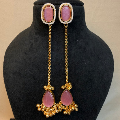 Premium Kashmiri Gold-Plated Chain Jhumka Earring Pink