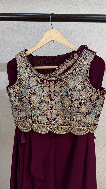 Wine Scalloped Cape Set Embroidered Crop Top & Drape Skirt