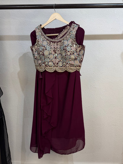 Wine Scalloped Cape Set Embroidered Crop Top & Drape Skirt