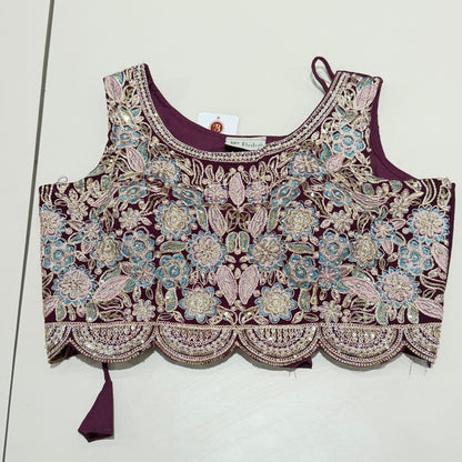 Wine Scalloped Cape Set Embroidered Crop Top & Drape Skirt
