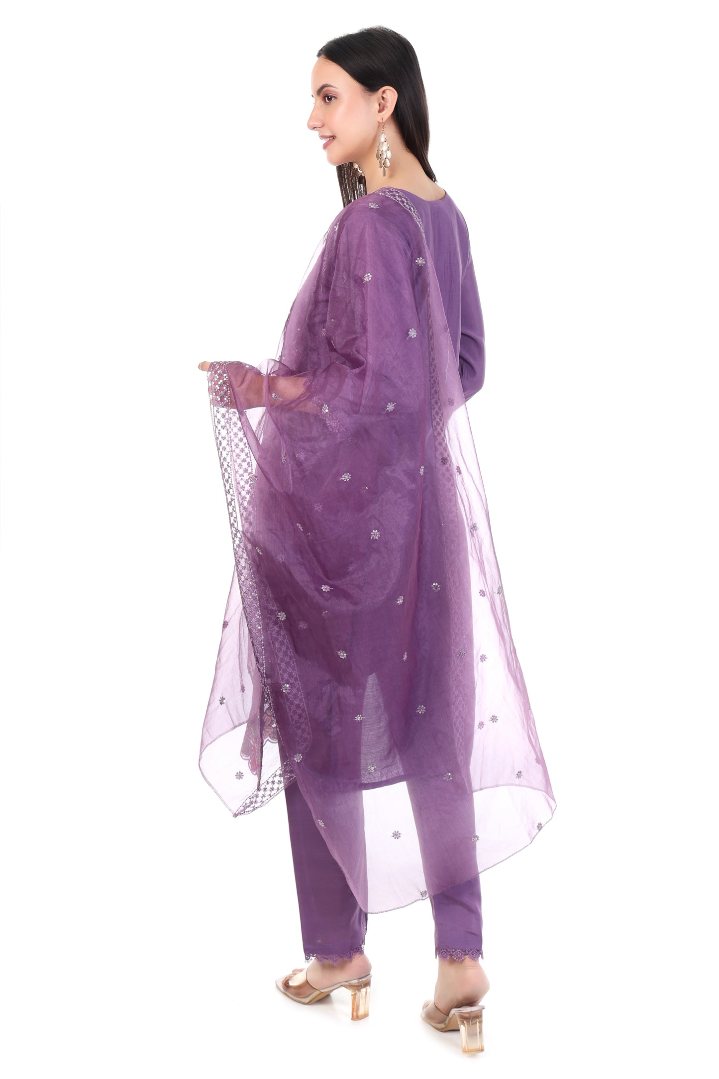 Elegant Lavender Straight Kurta Set with Floral Embroidery & Dupatta