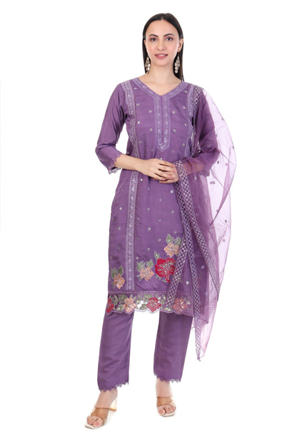 Elegant Lavender Straight Kurta Set with Floral Embroidery & Dupatta