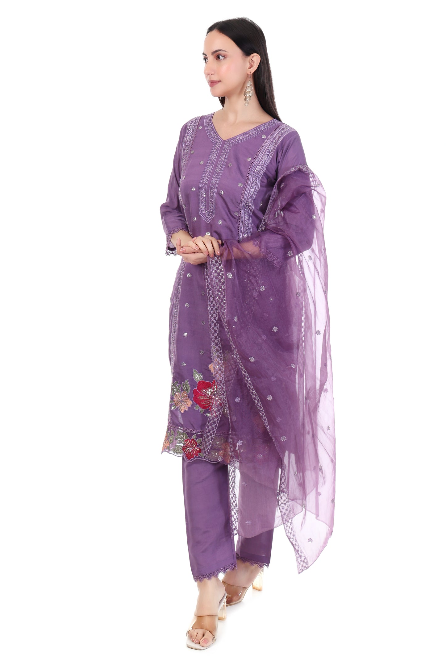 Elegant Lavender Straight Kurta Set with Floral Embroidery & Dupatta