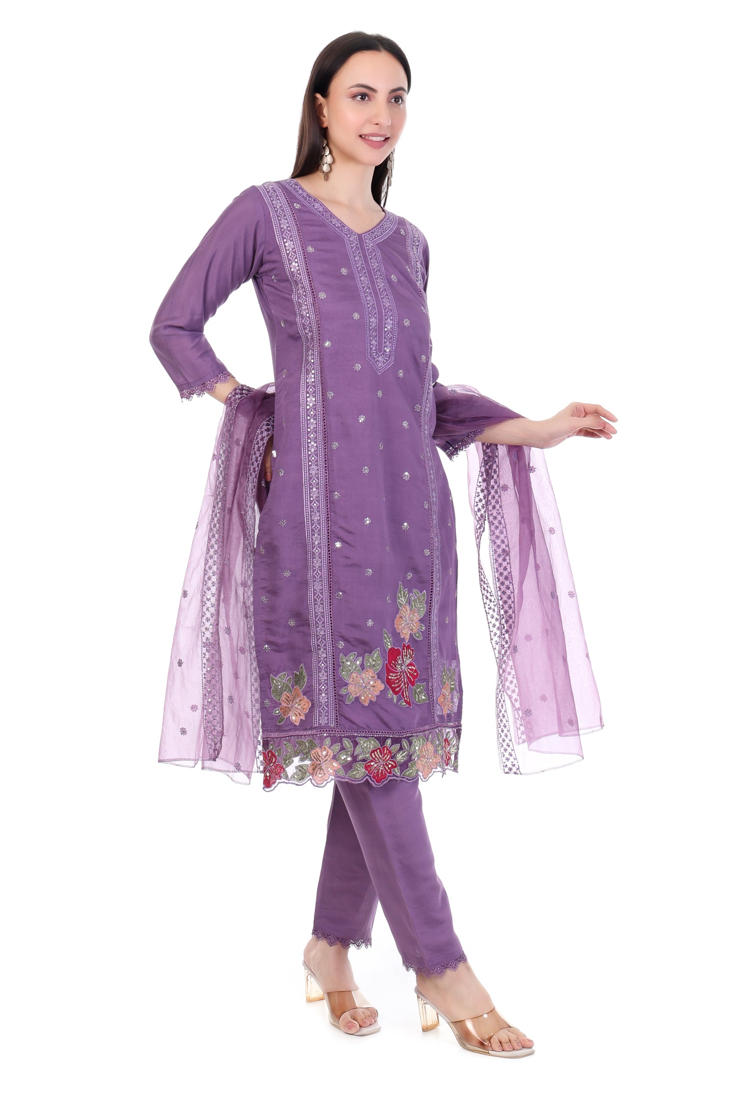 Elegant Lavender Straight Kurta Set with Floral Embroidery & Dupatta
