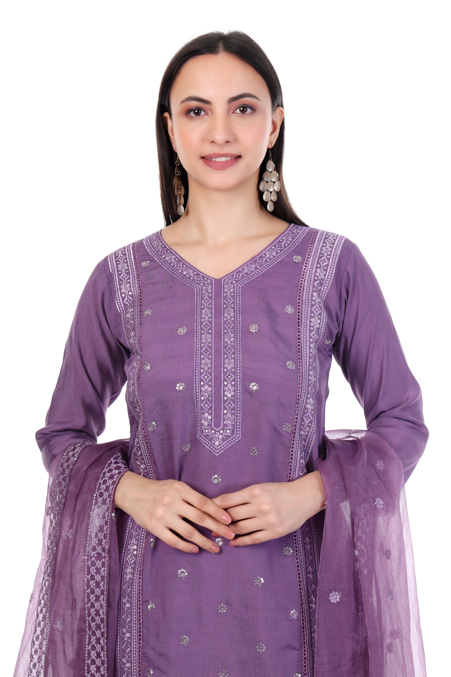 Elegant Lavender Straight Kurta Set with Floral Embroidery & Dupatta